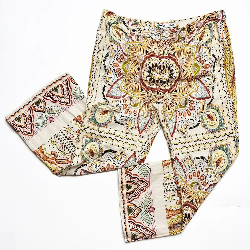 Zara Linen Blend Paisley Mandala Floral Print Wide Leg Ankle Flare Pants XXL - Picture 16 of 16